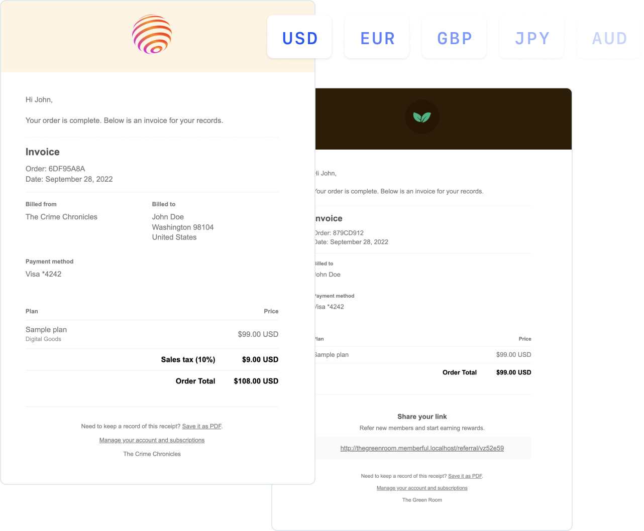 Screenshots of Memberful invoices with custom attributes related to plans, localization options, and currency